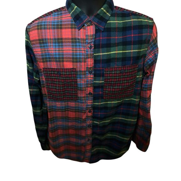 J CREW Flannel Shirt Men's Medium Tartan Plaid Mixed Patterns Casual Patchwork - Picture 1 of 10